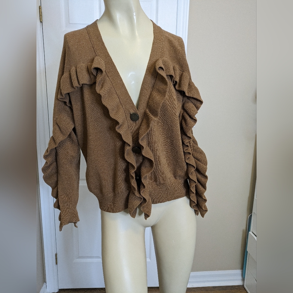 See By Chloé tan brown ruffled button down sweater cardigan of virgin wool size